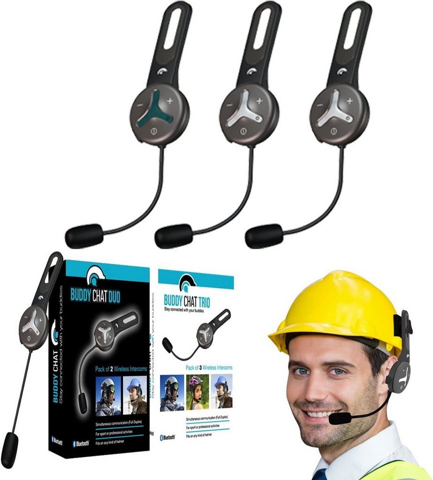 BuddyChat Buddy Chat Trio Bluetooth-Kopfhörer (Bluetooth, Headset, Helm, Headset, Freisprechanlage, Akku, Funkgerät, Gegensprechanlage, bis zu 1000m, Intercom, für bis 3 Teilnehmer) von BuddyChat