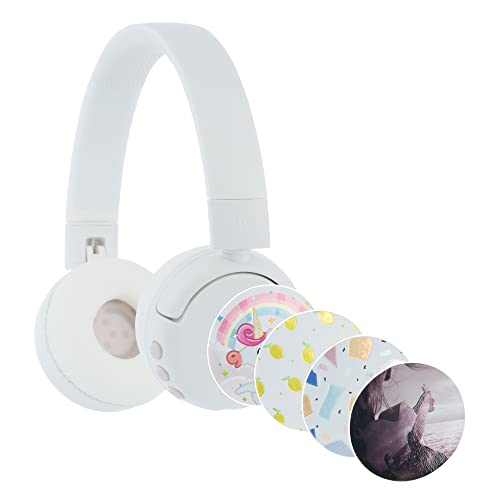 BuddyPhones POP Fun Kinder-Kopfhörer mit Bluetooth-Lautstärkebegrenzung, SafeAudio 85/94 dB Hörmodus, 24 Stunden Akkulaufzeit, kabellose Faltbare On-Ear-Kopfhörer für Kinder mit Mikrofon, Weiß von BuddyPhones