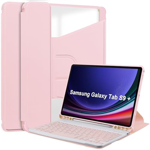 Bueuwe Tastatur Hülle für Samsung Galaxy Tab S9 Plus / S9 FE+ 12,4 Zoll 2023 – 360° Drehbare Abdeckung Mit Abnehmbarer Kabelloser Bluetooth-Tastatur SM-X810/X816B/X818U SM-X610/X616B,Rosa von Bueuwe