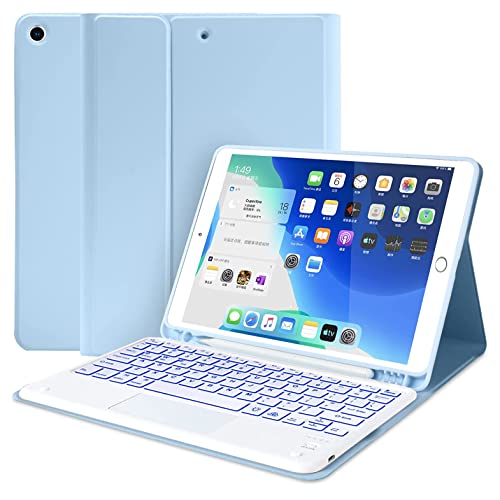 Bueuwe Tastatur Hülle für iPad 10,2" 9. Generation/8. Gen/7. Gen, QWERTZ Deutsch, Tastatur mit 7 Farben, Hintergrundbeleuchtung Und Touchpad, Abnehmbare Bluetooth-Tastatur,Blau von Bueuwe