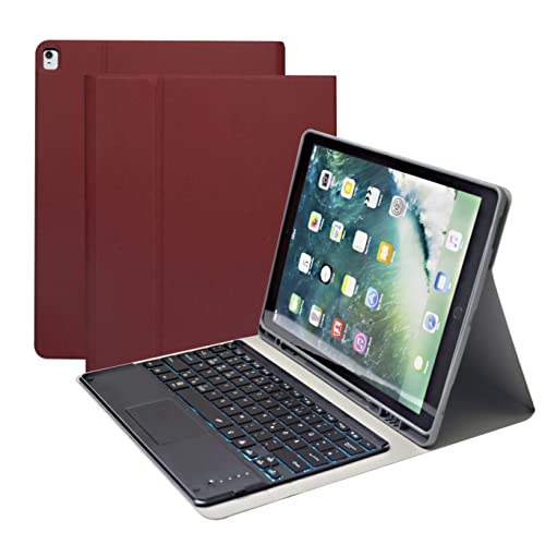Bueuwe Tastatur Hülle für iPad Pro 12.9 2015/2017 (1./2. Generation), Englisches und Deutsches Layout, 7-Farbige Tastatur mit Hintergrundbeleuchtung Und Touchpad, PU-Ledertasche mit Stifthalter (Rot) von Bueuwe