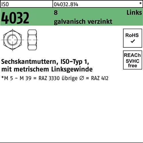 100 Stk. Bufab Sechskantmutter ISO 4032 links M5 8 galv.verz. 100 Stück 100 Stk. Bufab Sechskantmutter ISO 4032 links M5 8 galv.verz. 100 Stück von Bufab