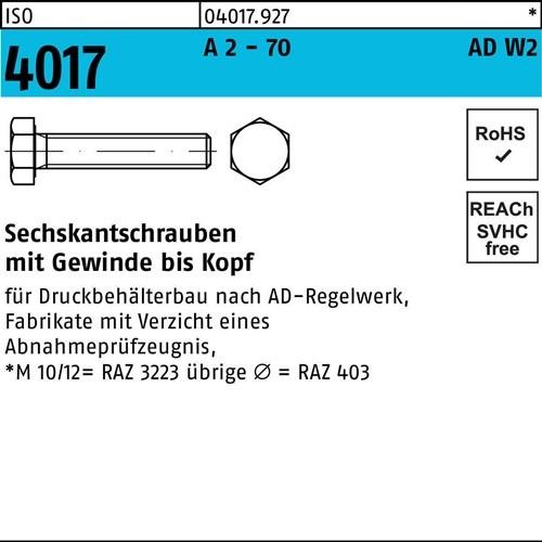 100 Stk. Bufab Sechskantschraube ISO 4017 VG M10x 40 A 2 - 70 AD-W2 100 Stück 100 Stk. Bufab Sechskantschraube ISO 4017 VG M10x 40 A 2 - 70 AD-W2 100 Stück von Bufab