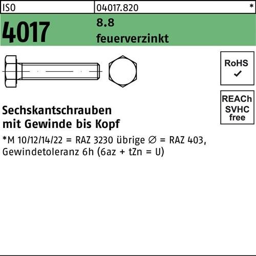 100 Stk. Bufab Sechskantschraube ISO 4017 VG M8x 100 8.8 feuerverz. 100 Stück 100 Stk. Bufab Sechskantschraube ISO 4017 VG M8x 100 8.8 feuerverz. 100 Stück von Bufab