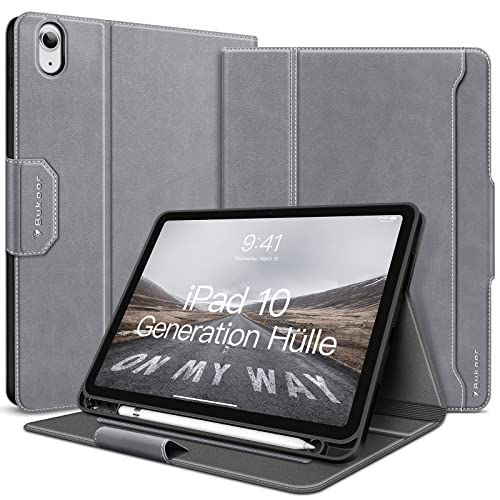 Bukoor iPad 10 Generation Hülle 2022 mit Innentasche und Stifthalter PU Leder Case Stoßfeste Smart Cover 10 9 Zoll Auto Schlaf/Aufwach Schutzhülle Vielseitiger Verstellbarer Ständer-Grau von Bukoor