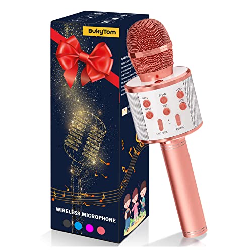 BukyTom Karaoke Mikrofon Kinder - 4 In 1 Drahtloses Bluetooth Mikrofon Spielzeug für Teenager Mädchen Jungen, Tragbares KTV Handmikrofon Kompatibel mit PC Smartphone Android IOS (Roségold) von BukyTom