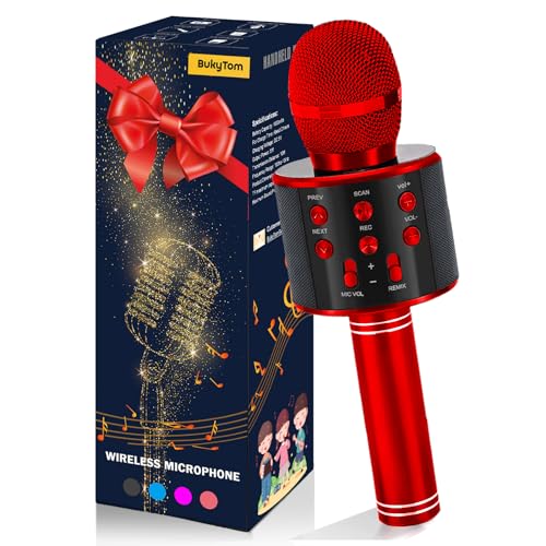 BukyTom Karaoke Mikrofon Kinder - 4 In 1 Drahtloses Bluetooth Mikrofon Spielzeug für Teenager Mädchen Jungen, Tragbares KTV Handmikrofon Kompatibel mit PC Smartphone Android IOS (Rot-Schwarz) von BukyTom
