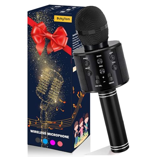 BukyTom Karaoke Mikrofon Kinder - 4 In 1 Drahtloses Bluetooth Mikrofon Spielzeug für Teenager Mädchen Jungen, Tragbares KTV Handmikrofon Kompatibel mit PC Smartphone Android IOS (Schwarz) von BukyTom