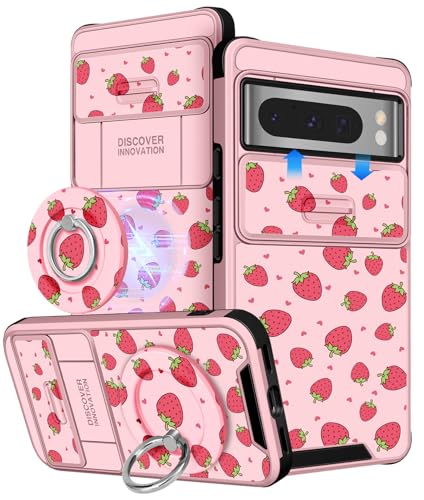 Buleens Schutzhülle für Google Pixel 8 Pro, 17,5 cm (6,7 Zoll), mit Ringständer und Kamera-Abdeckung, ästhetisch, niedlich, entworfen für Frauen und Mädchen, hübsches Kawaii-Erdbeere, kompatibel mit von Buleens