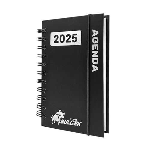 BullTek - Kalender A6 2025 | Mehrsprachiger Tagesplaner mit 30-Minuten-Intervallen | Hardcover & Ringbindung | Wetter-Tracking | 1 Tag/Seite, Schwarz, Papier Cardstock von BullTek