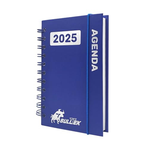 BullTek - Kalender A6 2025 | Mehrsprachiger Tagesplaner mit 30-Minuten-Intervallen | Hardcover & Ringbindung | Wetter-Tracking | 1 Tag/Seite, Blu, Papier Cardstock von BullTek