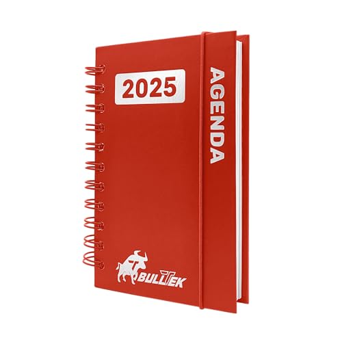 BullTek - Kalender A6 2025 | Mehrsprachiger Tagesplaner mit 30-Minuten-Intervallen | Hardcover & Ringbindung | Wetter-Tracking | 1 Tag/Seite, Rot, Papier Cardstock von BullTek