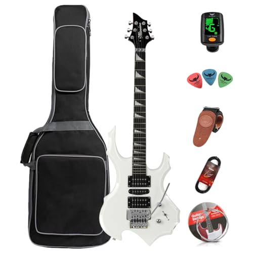 Bullfighter E-Gitarre für Erwachsene, Anfänger, Rockgitarre, professionell, mit Gitarrentasche, Plektren, Kabel, Stimmgerät, Gurt und Saiten (White) von Bullfighter