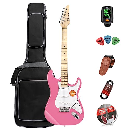 E-Gitarre für Erwachsene, Anfänger, Rockgitarre, Profispieler für Männer und Frauen mit Gitarrentasche, Saiten, Plektren, Stimmgerät, Gurt und Kabel MS100 (Pink) von Bullfighter
