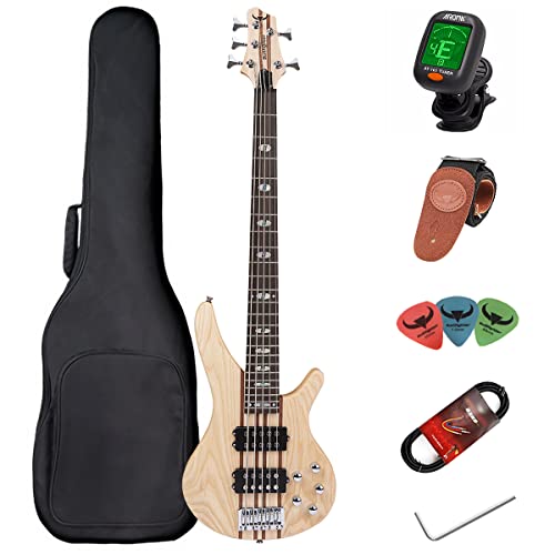 Elektrische Bassgitarre, 5 Saiten, Full Size P Bass Kit für Anfänger schwarz mit Konzerttasche, Gitarrengurt und Gitarrenkabel (5s)… von Bullfighter