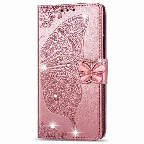 S20 FE Handyhülle für Samsung Galaxy S20 FE/S20 Lite Hülle Glitzer Case Cover Leder Tasche Strass Schmetterling Flipcase Schutzhülle Handytasche Skin Ständer Klapphülle Schale Bumper Mädchen Roségold von Bumina