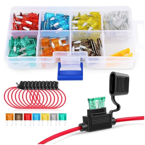 Bumiva 10-Teiliger Sicherungshalter, 14AWG-Sicherungshalter mit 120-Teiligen Autosicherungen (5 A, 7,5 A, 10 A, 15 A, 20 A, 25 A, 30 A), Sicherungshalter für Auto von Bumiva