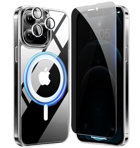 3 in 1 Magnetisch Hülle für iPhone 12 Pro Max mit 1 Anti Spy Schutzfolie und 1 Kameraschutz,Ultra Dünn Transparent Handyhülle [Kompatibel mit MagSafe] Clear Silikon Case für iPhone 12 Pro Max von BumpTech