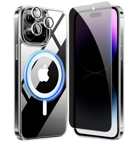 3 in 1 Magnetisch Hülle für iPhone 14 Pro Max mit 1 Anti Spy Schutzfolie und 1 Kameraschutz,Ultra Dünn Transparent Handyhülle [Kompatibel mit MagSafe] Clear Silikon Case für iPhone 14 Pro Max von BumpTech