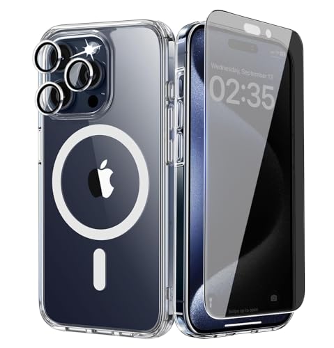 3 in 1 Magnetisch Hülle für iPhone 15 Pro mit 1 Anti Spy Schutzfolie und 1 Kameraschutz,Ultra Dünn Transparent Handyhülle [Kompatibel mit MagSafe] Clear Silikon Case für iPhone 15 Pro Titan Natur von BumpTech