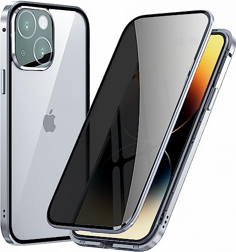 Anti Spy Hülle für iPhone 14 Plus 360 Grad Case,Ganzkörper Schutzhülle mit Eingebauter Anti-Peep Privacy Glas Displayschutzfolie Stoßfeste Metallrahmen Fullbody Handyhülle mit Kameraschutz,Silber von BumpTech