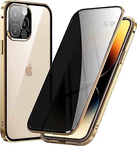 Anti Spy Hülle für iPhone 14 Pro 360 Grad Case,Eingebauter Anti-Peep Privacy 9H Glas Displayschutzfolie,Metallrahmen Stoßfeste mit [Kameraschutz] 360 Grad Ganzkörper Schutzhülle-Gold von BumpTech