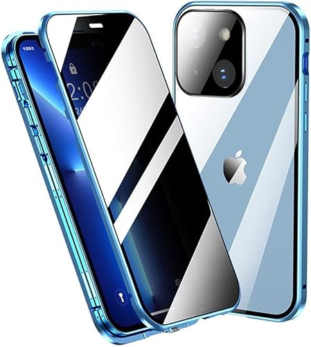 Anti Spy Hülle für iPhone 15,360 Grad Ganzkörper Schutzhülle,Anti-Peep Privacy 9H Glas Displayschutzfolie+Magnetische Metallrahmen Case mit Kamera Schutzfolie,Blau von BumpTech