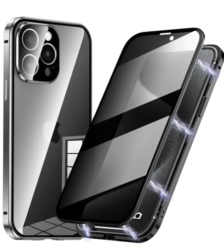 Anti Spy Hülle für iPhone 15 Pro,360 Grad Ganzkörper Schutzhülle,Anti-Peep Privacy 9H Glas Displayschutzfolie+Magnetische Metallrahmen Case mit Kamera Schutzfolie,Titan Schwarz von BumpTech