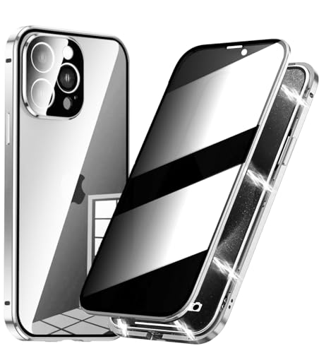 Anti Spy Hülle für iPhone 15 Pro,360 Grad Ganzkörper Schutzhülle,Anti-Peep Privacy 9H Glas Displayschutzfolie+Magnetische Metallrahmen Case mit Kamera Schutzfolie,Titan Weiß von BumpTech