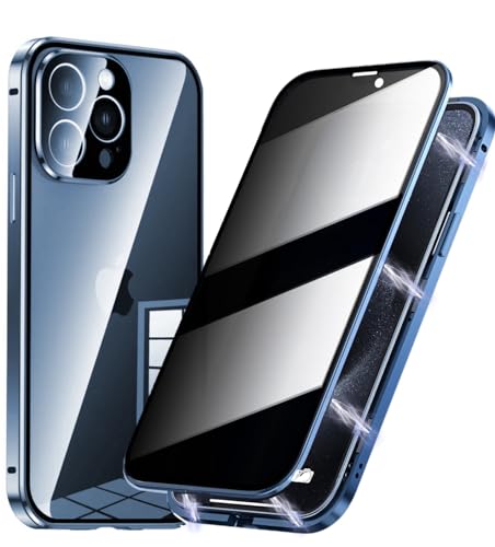 Anti Spy Hülle für iPhone 15 Pro Max,360 Grad Ganzkörper Schutzhülle,Anti-Peep Privacy 9H Glas Displayschutzfolie+Magnetische Metallrahmen Case mit Kamera Schutzfolie,Titan Blau von BumpTech