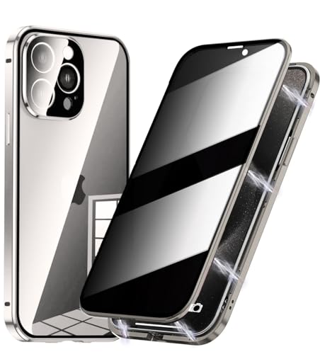 Anti Spy Hülle für iPhone 15 Pro Max,360 Grad Ganzkörper Schutzhülle,Anti-Peep Privacy 9H Glas Displayschutzfolie+Magnetische Metallrahmen Case mit Kamera Schutzfolie,Titan Natur von BumpTech