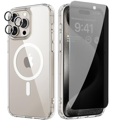 Anti Spy Hülle für iPhone 15 Pro Max,Privacy Magnetisch Case mit 1 Privacy Displayschutzfolie+1 Satz Kamera Schutzfolien 360 Grad Ganzkörperschutz,Clear MagSafe Handyhülle für iPhone 15 Pro Max von BumpTech