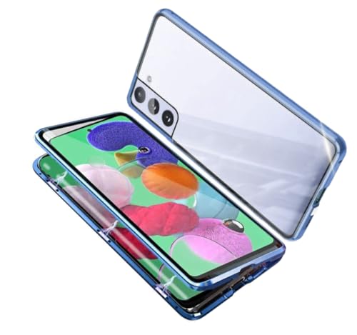 Hülle für Samsung Galaxy S21 FE 5G Schutzhülle,360° HD Transparent Front Und Rückseite Gehärtetes Glas Handyhülle mit Displayschutz,Magnetische Adsorption Stoßfest Metall Bumper Case,Blau von BumpTech