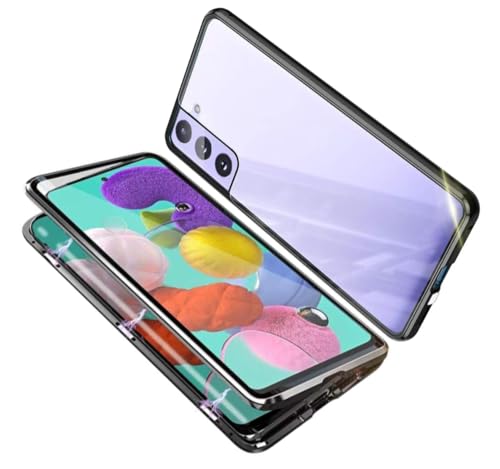 Hülle für Samsung Galaxy S21 FE 5G Schutzhülle,360° HD Transparent Front Und Rückseite Gehärtetes Glas Handyhülle mit Displayschutz,Magnetische Adsorption Stoßfest Metall Bumper Case,Schwarz von BumpTech