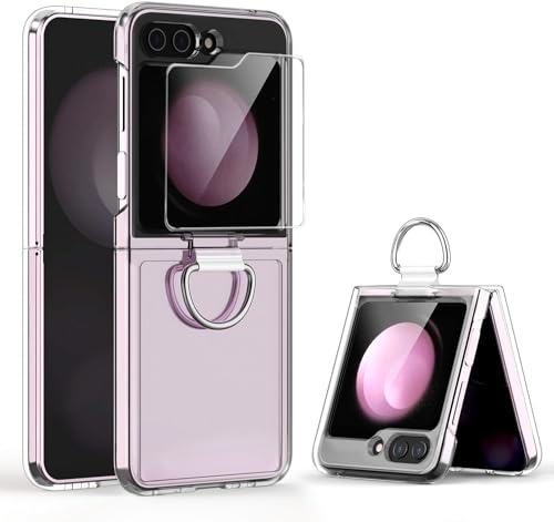 Z Flip 5 Hülle mit Ring,Samsung Galaxy Z Flip 5 Hülle mit Gehärtete Glas Front Schutzfolie [Anti-Vergilbung] Transparent Hart PC Stoßfest Handyhülle für Flip 5 5G Ständer Cover Case-Crystal Clear von BumpTech