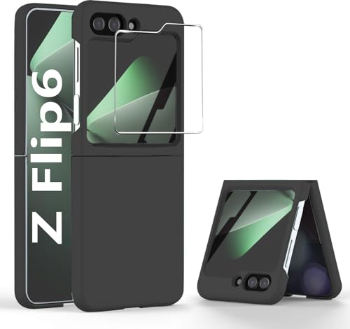 Z Flip 6 Hülle,Samsung Galaxy Z Flip 6 Handyhülle mit Gehärtete Glas Front Schutzfolie Robust Hart PC Ultra dünn Anti Drop Stoßfest Anti-Scratch Schutzhülle für Flip 6 5G 2024 Cover Case-Schwarz von KECAOREN