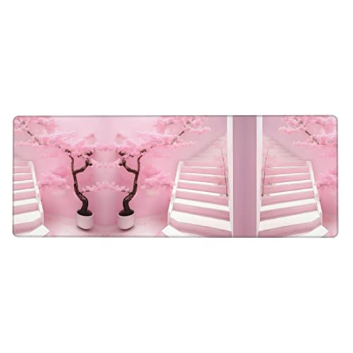 Cherry Blossom White Staircase Große Gummi-Tastaturunterlage – bequem und rutschfest für mühelose Bedienung, verdickte und schmutzabweisende Geschmeidigkeit von Bunal