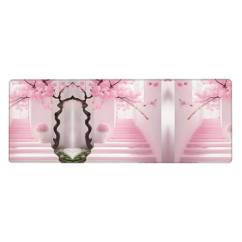 Pink Cherry Blossom Treppenhaus, großes Gummi-Tastatur-Pad – bequem und rutschfest für mühelose Bedienung, verdickte und schmutzabweisende Geschmeidigkeit von Bunal