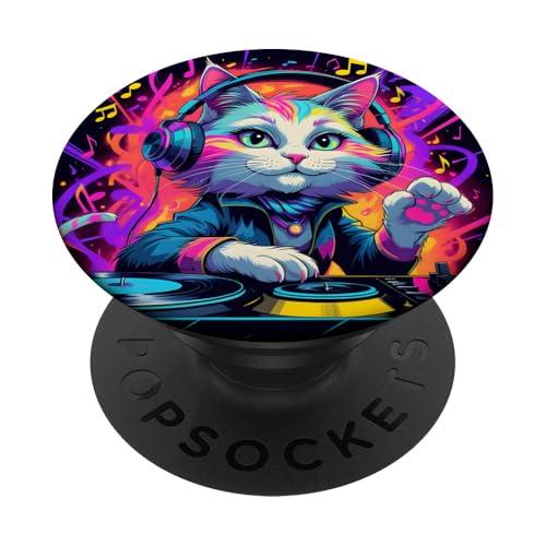 DJ Katze Mädchen Liebt Musik | Katzen Party Mit Kopfhörer PopSockets Klebender PopGrip von Bunte DJ Katze Eyecatcher mit Party-Vibes