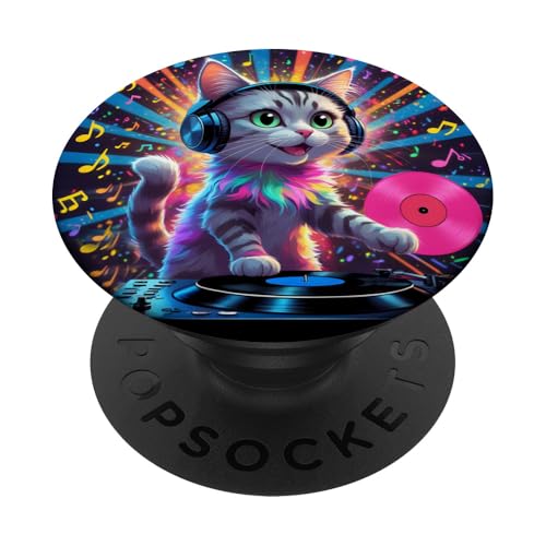DJ Katze Mädchen Liebt Musik | Katzen Party Mit Kopfhörer PopSockets Klebender PopGrip von Bunte DJ Katze Eyecatcher mit Party-Vibes