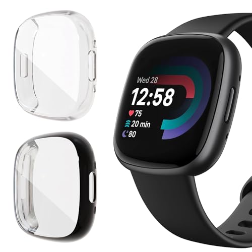 Buoluoioir 2 Stück Hülle mit Displayschutz für Fitbit Versa 4 Vollschutz Shell, Flexible TPU Anti-Kratzfest HD Ultradünne Schutz Case für Fitbit Versa 4 Schutzhülle, Schwarz + Transparent von Buoluoioir