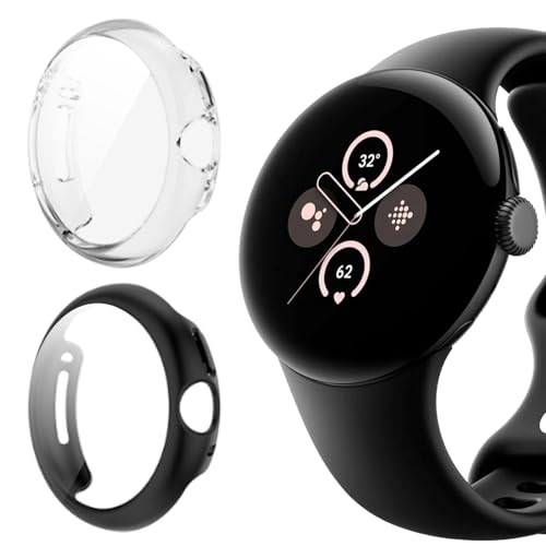 Buoluoioir 2 Stück Hülle mit Displayschutz für Google Pixel Watch 2 Vollschutz Shell, Flexible TPU Anti-Kratzfest HD Ultradünne Schutz Case für Google Pixel Watch 2 Schutzhülle, Schwarz + Transparent von Buoluoioir