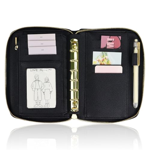 Buqoo A7 Budget-Binder, Geldumschläge, PU-Leder, Notizbuch, Planer mit Reißverschluss, 6 Ringe, nachfüllbar, Geldbeutel, Organizer, Notizbuch für Damen/Herren, Arbeitsplaner, Ordner (schwarz) von Buqoo