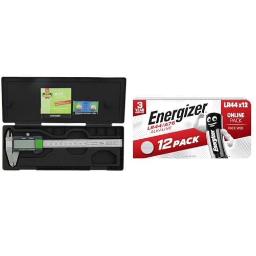 Burg-Wächter Digitaler Messschieber, Hochwertiger Messschieber & Energizer LR44/A76 Batterien, Alkaline Knopfzelle, 12 Stück Amazon Exklusiv von BURG-WÄCHTER