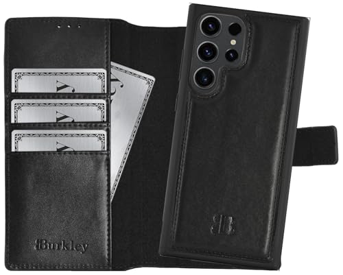 Burkley 2-in-1 Leder Handyhülle für Samsung Galaxy S24 Ultra mit Abnehmbarer Schutzhülle, 360 Grad, abnehmbares Cover, Kartenfächer und Kick-Stand (Schwarz) von Burkley