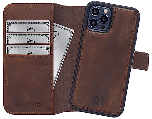 Burkley 2-in-1 Leder Handyhülle für iPhone 15 Pro mit Abnehmbarer Schutzhülle, 360 Grad, abnehmbares Cover, Kartenfächer und Kick-Stand (Braun) von Burkley