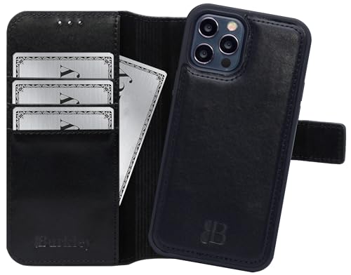 Burkley 2-in-1 Leder Handyhülle für iPhone 15 Pro mit Abnehmbarer Schutzhülle, 360 Grad, abnehmbares Cover, Kartenfächer und Kick-Stand (Schwarz) von Burkley