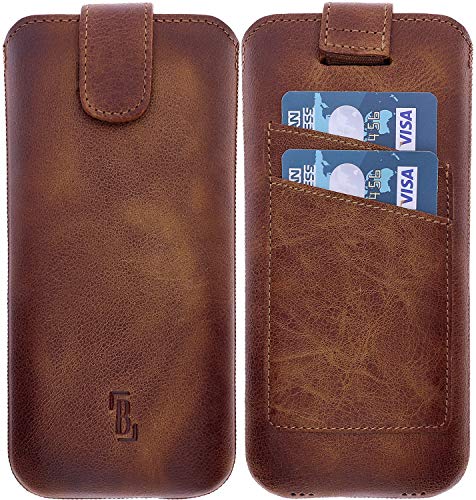 Burkley Handyhülle für Samsung Galaxy S10+ Hülle kompatibel mit Galaxy S10 Plus Handy-Tasche Echtleder Sleeve mit Rückzug-Funktion (Antik Sattelbraun) von Burkley