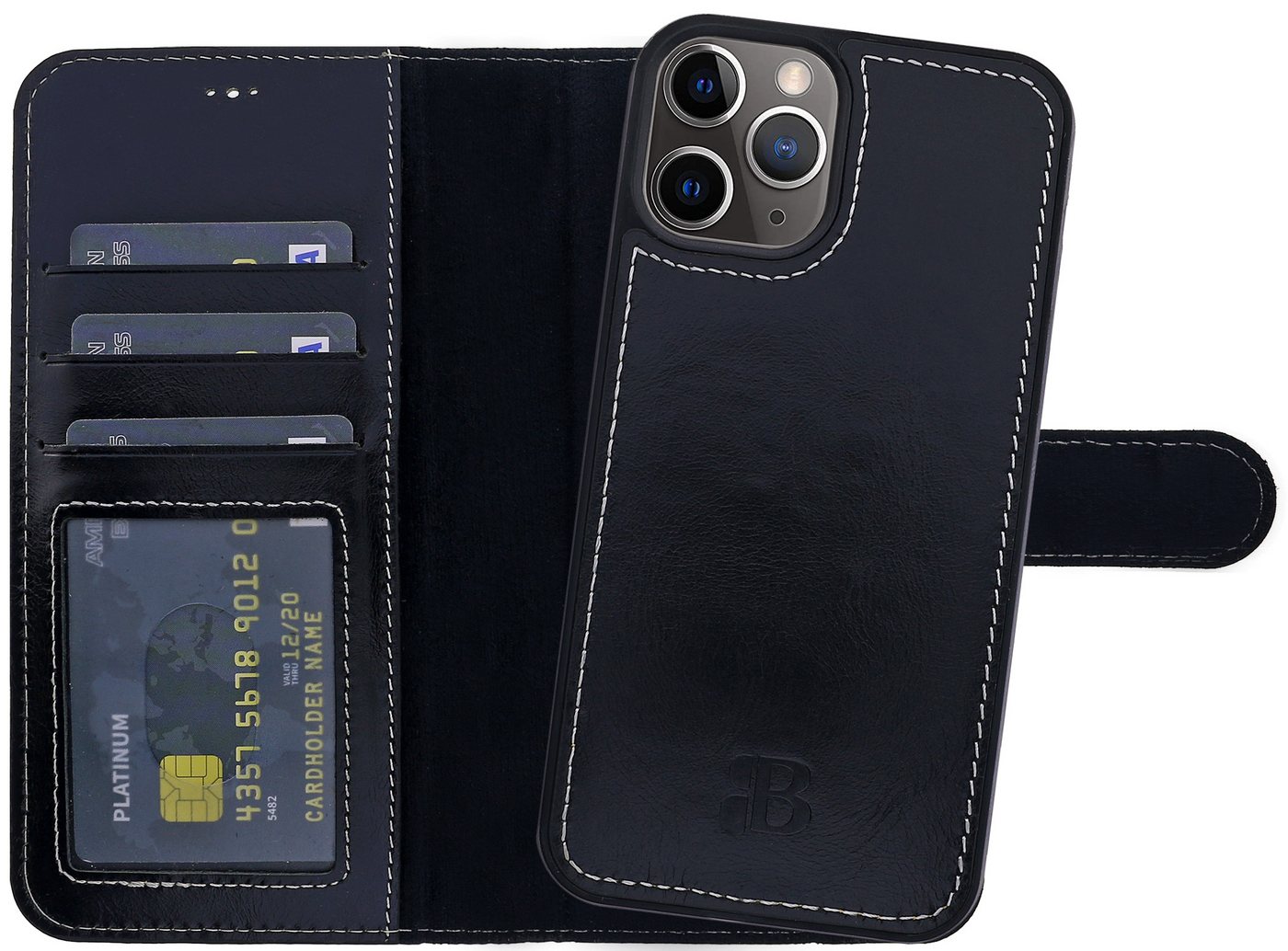 Burkley Handytasche 2in1 Leder Handyhülle für iPhone 14 Pro Max Cover (1-tlg., Book Case Lederhülle mit Kartenfach und Magnetverschluss), herausnehmbare Innenhülle, Kartenfächer mit Kick-Stand von Burkley