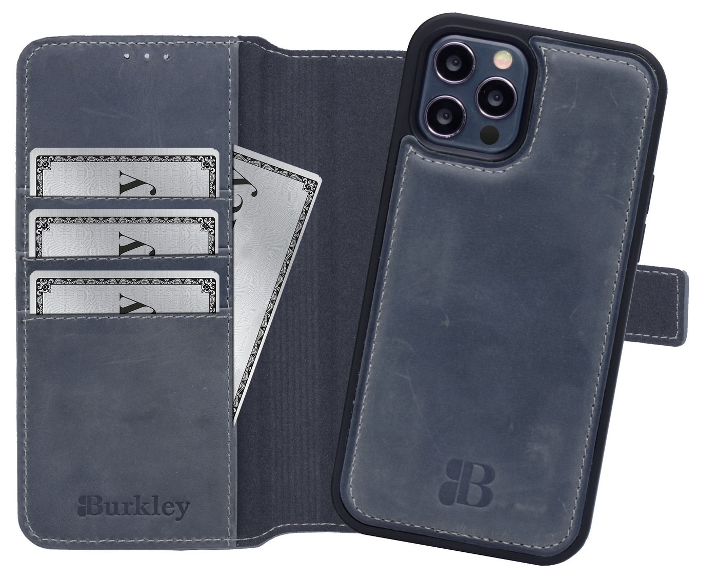 Burkley Handytasche iPhone 12 / 12 Pro Handytasche mit modularem Back Case (1-tlg., Book Case Lederhülle mit Kartenfach und Magnetverschluss), herausnehmbare Innenhülle, Kartenfächer, Kick-Stand von Burkley
